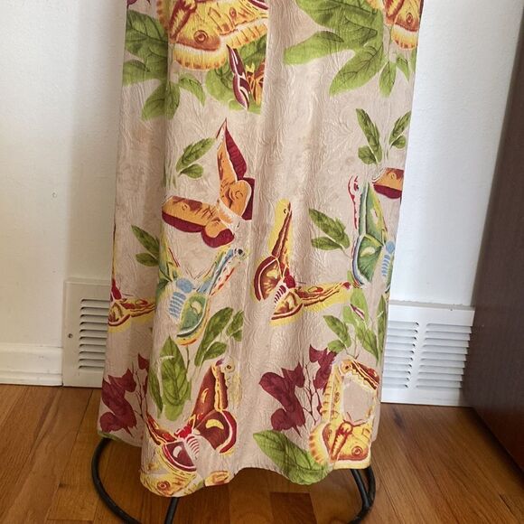 Citron silk dress sz M Luna moth leaf print beige green red yellow EUC waist tie - Picture 4 of 8